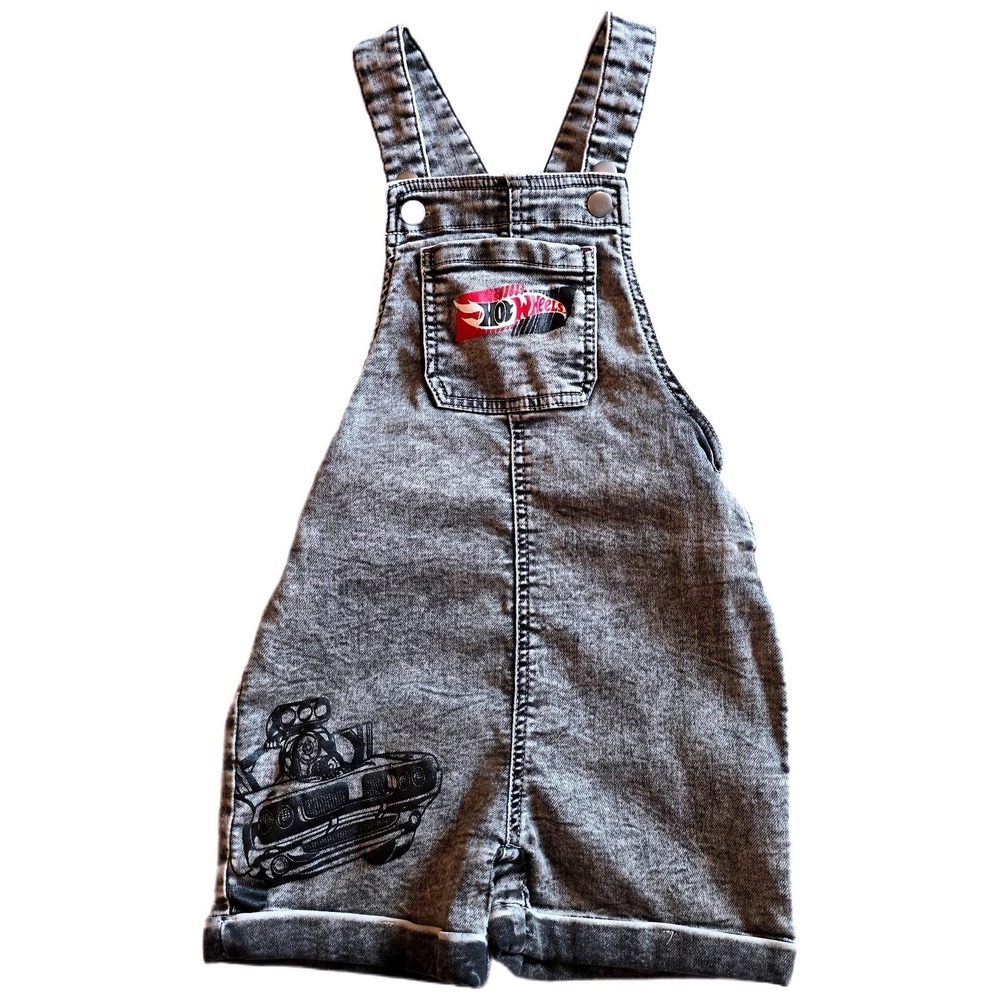Hot Wheels Toddler Boys Acid Wash Denim Overalls 4T Stretch Racing Graphic 4T - Picture 2 of 10